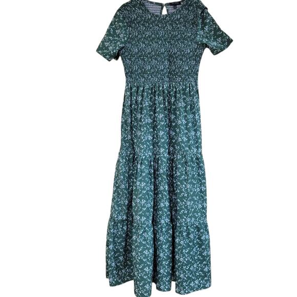 Aly Daly Small Smocked Maxi Dress Green Floral Print Size Small Three Tiered - Picture 1 of 15